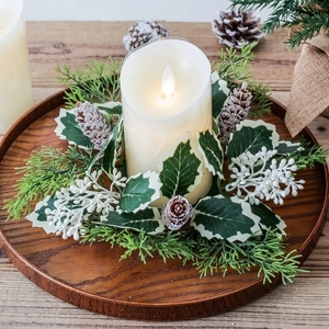 Artificial Christmas Candle Ring Wreath Pine Needles Red White Berries Pine Cones Holiday Table Decoration Home Decor
