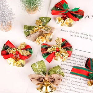 Christmas Tree Bow Decorations With Gold Bells Holly Leaves Red Green Plaid Satin Bows For Wreath DIY Holiday Ornament