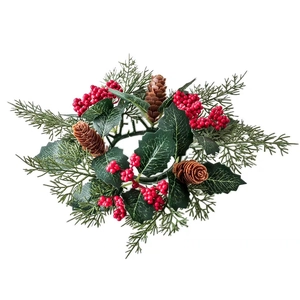 Christmas candle ring with red berries, pine needles and natural pine cones decoration