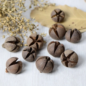 Natural dried star-shaped nuts for DIY Christmas wreaths on a white wooden surface