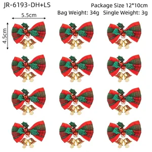 Christmas Plaid Bow Ornaments With Golden Bells Red Green Grid Fabric Bows For Xmas Tree Home Decoration Party DIY Crafts