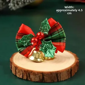 Christmas bow ornament with red green plaid ribbon, holly leaves, and gold bells, width 4.5cm
