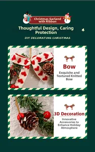 Detailed view of Christmas wreath with red heart knit bow, pine cones and berries