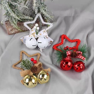 Handmade Christmas Star Hanging Ornament With Metal Bells Hemp Rope Pine Cone Berry Decor For Xmas Tree Window Decoration