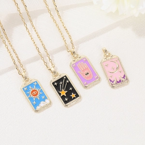 Tarot Card Pendant Necklace Gold Plated Copper Enamel Charm Hip Hop Street Style Sun Moon Star Fortune World Jewelry Gift