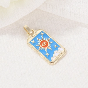 Gold-plated tarot sun pendant necklace with blue enamel and star details