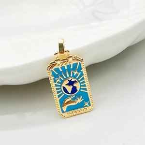 14K gold plated Tarot 'The World' rectangular pendant with blue enamel and loop