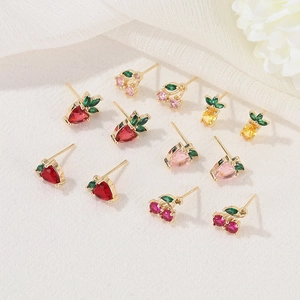 925 silver needle fruit stud earrings set with colorful cubic zirconia and gold finish