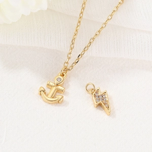 14K Gold Plated Copper Anchor Lightning Bolt Pendant With Zirconia For DIY Necklace Jewelry Making Accessories