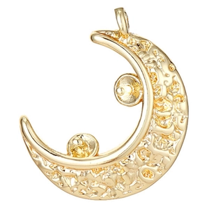 Gold moon pendant connector with textured surface and double pearl settings for DIY jewelry