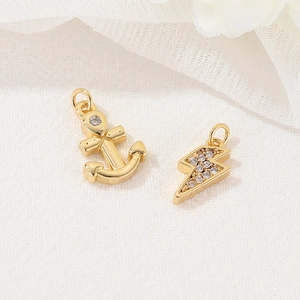 Gold plated anchor and lightning bolt pendants with zircon inlay for DIY jewelry making
