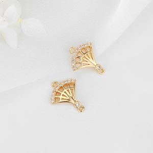 Exquisite gold-plated fan-shaped charm with hollow design and inlaid cubic zirconia