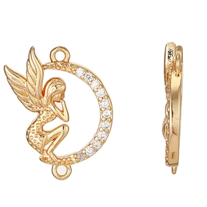 Golden fairy moon connector pendant with sparkling zircon for DIY jewelry making