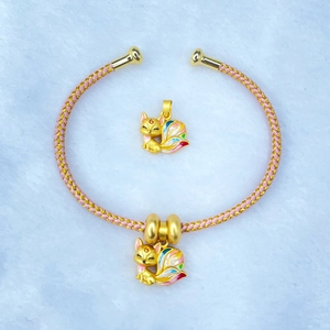 Braided bracelet with colorful enamel nine-tailed fox pendant in traditional style