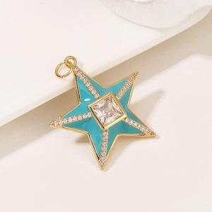 Pendentif étoile 3D en émail turquoise et zircon carré avec bordure dorée