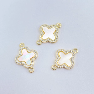Brass Clover Pendant Connector With Mother Of Artificial Pearl And Cubic Zirconia Gold Plated DIY Jewelry Making Necklace Accessories