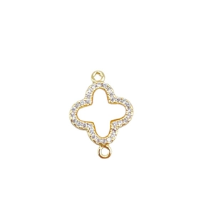 Golden clover jewelry connector with white zircon stones and double loops for DIY bracelets
