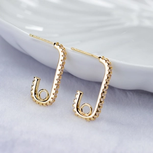 Minimalist Copper Safety Pin Crescent Moon Stud Earrings With 925 Sterling Silver Post Rhinestone Inlaid Gold Jewelry For Women