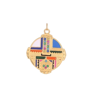 Ethnic Tibetan style round coin pendant with colorful enamel and zircon stones
