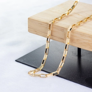 14K gold plated rectangle link chain necklace featuring a textured linear pattern