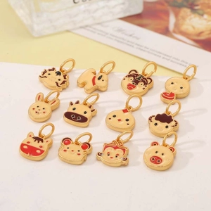 Set of 12 Chinese Zodiac gold-plated pendants with colorful enamel cartoon animals