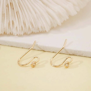Minimalist 14k gold plated J-shaped ear hooks with tiny round clear zircon inlay