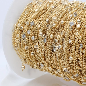 14k gold plated DIY jewelry chain roll with clear cubic zirconia spacers and beads