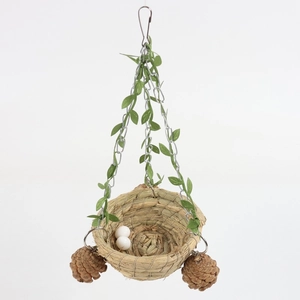 Hand Woven Straw Hanging Bird Nest With Metal Chain Pine Cone Decorative Swing Bed For Small Parrots Cage Accessories