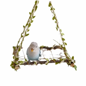 Natural wood bird swing with cotton rope and green leaves for small parrots and finches