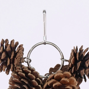 Dettaglio dell'altalena per uccelli con pigne naturali appese a un anello in metallo