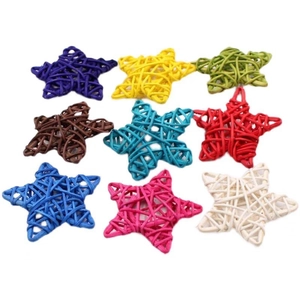 Nine colorful 6cm woven rattan stars in a flat lay display for DIY craft decoration