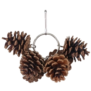 Natural pine cone bird toy with silver metal rings for cage hanging and parrot chewing