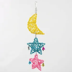 Handmade parrot vine ball toy with moon star shapes and colorful bells for bird cages