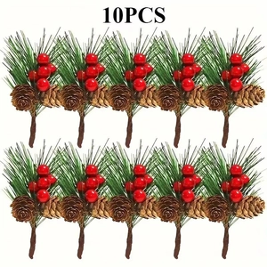 Set of 10 Christmas artificial pine needles with red berries and natural pine cones
