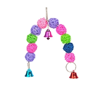 Colorful rattan ball bird swing toy with bells for cages, handmade arched hanging pet accessory