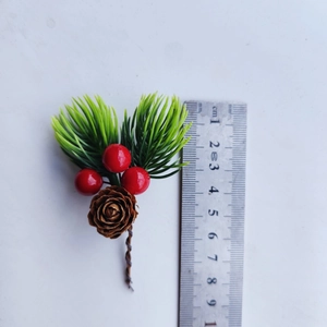 Mini Christmas pine needle pick with red berries and pine cone decoration, 8cm long