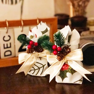 Close-up of Christmas gift bag featuring pine needles, red berries and a pine cone detail