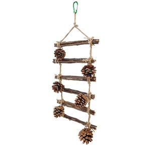 Natural wood bird climbing ladder with pine cones and hemp rope for parrot cages
