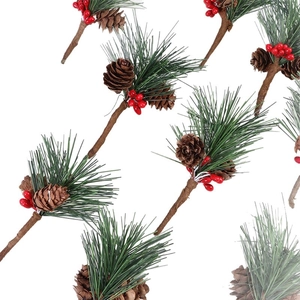 Artificial mini Christmas tree branch with pine cones, red berries and needles