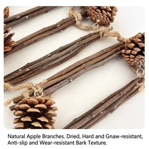 Natural apple wood parrot climbing ladder with pine cones and hemp rope for bird cage