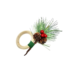 Christmas pine cone napkin ring with red berries and wooden loop for holiday table decor