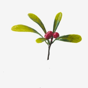 Artificial Christmas red berry pick with green leaves and realistic brown pine branch stem