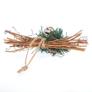 Handcrafted Christmas hanging decor with wood branches, pine cone, and rustic jute rope