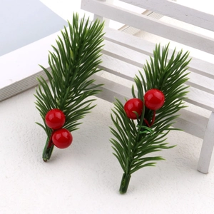 Artificial Christmas pine needles with red berries for DIY holiday gift box decorations
