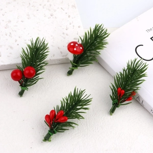 Set of 4 artificial pine needles with red berries and mushrooms for Christmas DIY crafts