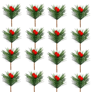Artificial Christmas Pine Picks With Red Berries Realistic Pine Needle Sprays For DIY Garland Wreath Christmas Tree Decor