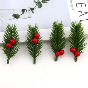 Set of 4 artificial pine needles with red berries for Christmas DIY gift box decor