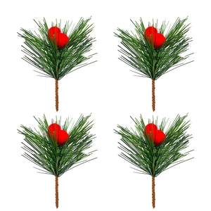 Set of 4 artificial pine picks with green needles and red berries for Christmas DIY decor