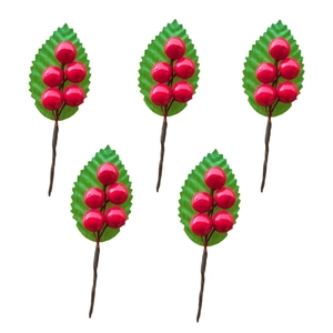Five sets of artificial red berry stems with green leaves for Christmas cake decoration