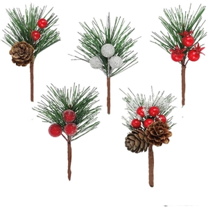 Artificial Christmas Pine Needle Branch With Red Berry Pine Cone For Christmas Tree Wreath DIY Gift Box Decoration Festive Home Decor
